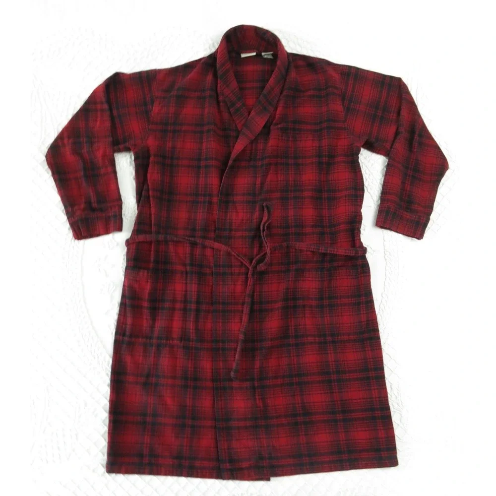 LL Bean Mens Red Black Plaid Flannel Robe Cotton Shawl Collar Medium bathrobe
